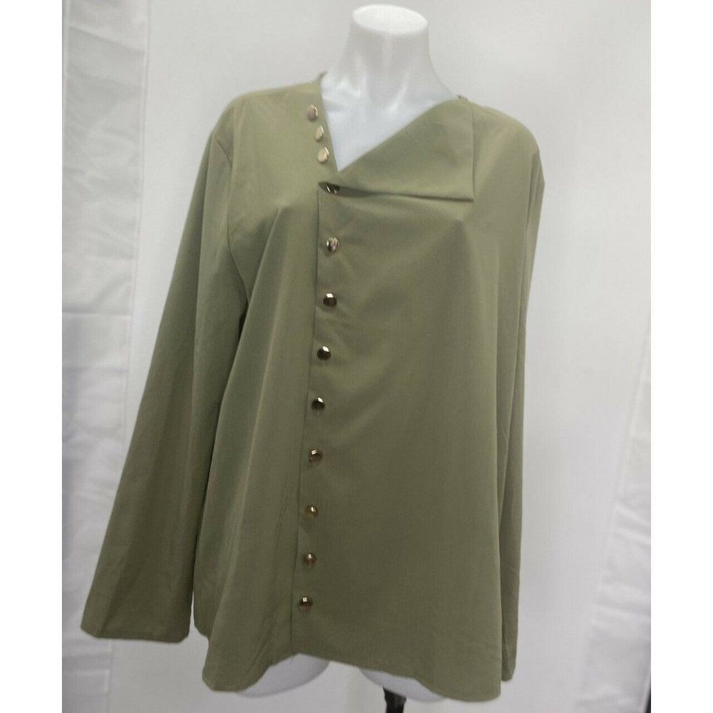 Womens Button Up Summer Shirt Long Sleeve V Neck Lightweight Olive Size XXL